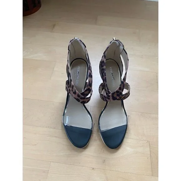 KENNETH Cole BNWOT "Brooke Cross" Vinyl Strap Heels Animal Print Women NEW - Picture 3 of 10
